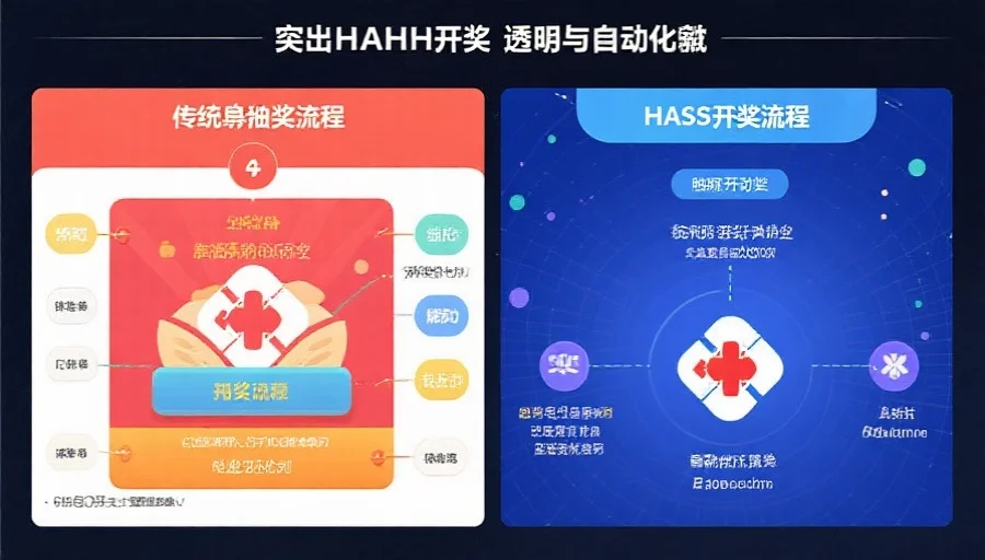 对比图，左侧为传统开奖流程，右侧为哈希开奖流程，突出哈希开奖的透明与自动化特点